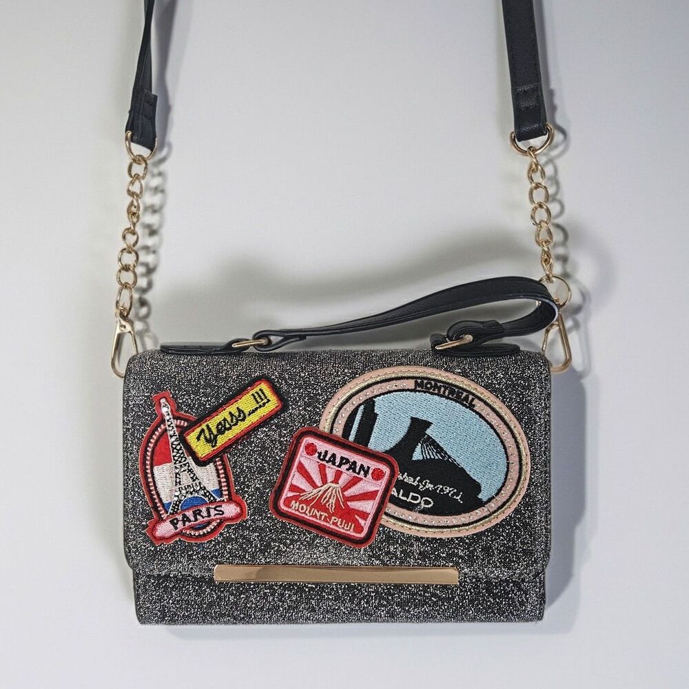 ALDO Calini Patch Crossbody Bag Silver Glitter and gold Hardware Mini Travel